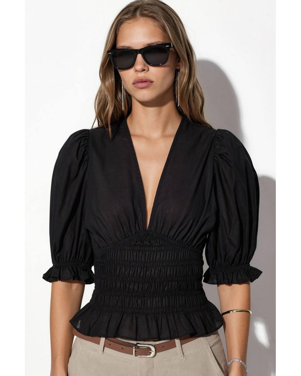 Busem Black Fitted Chiffon V-Neck Blouse