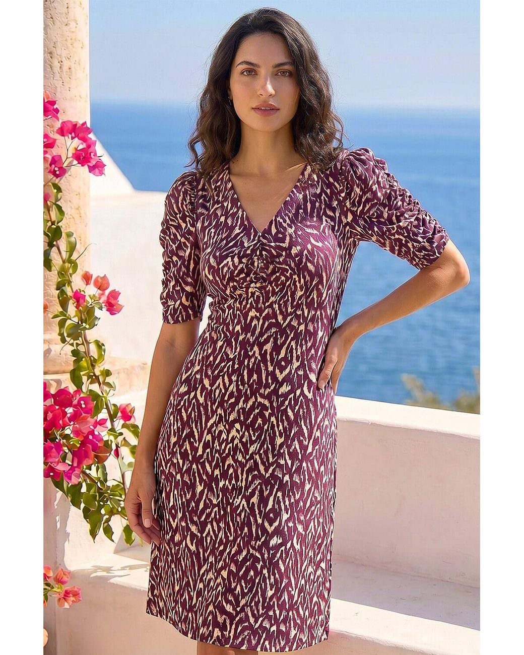 D.u.s.k Red Abstract Print Front Ruched Dress
