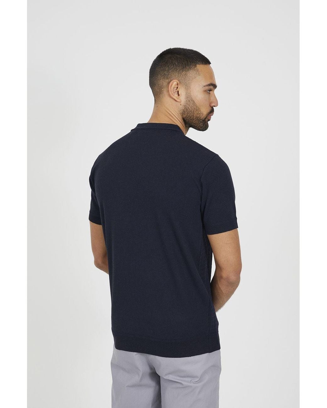 Brave Soul Blue Textured Zip Neck Knitted Polo for men