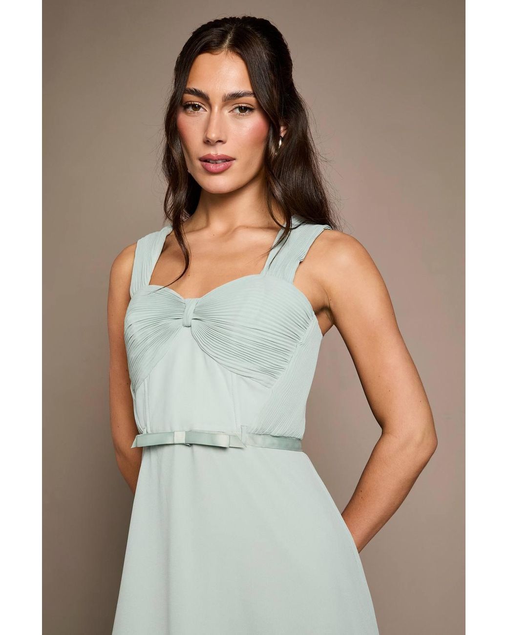 Coast Green Pleated Chiffon Tie Sleeve Bridesmaid Maxi Dress