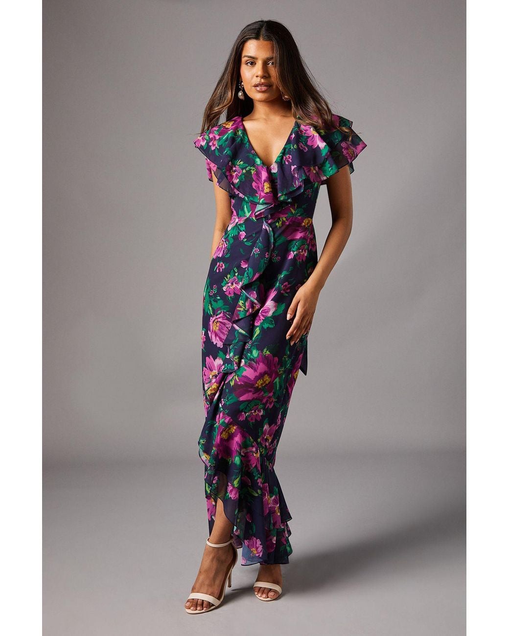 Coast Blue Petite Short Sleeve Chiffon Maxi Dress With Frills