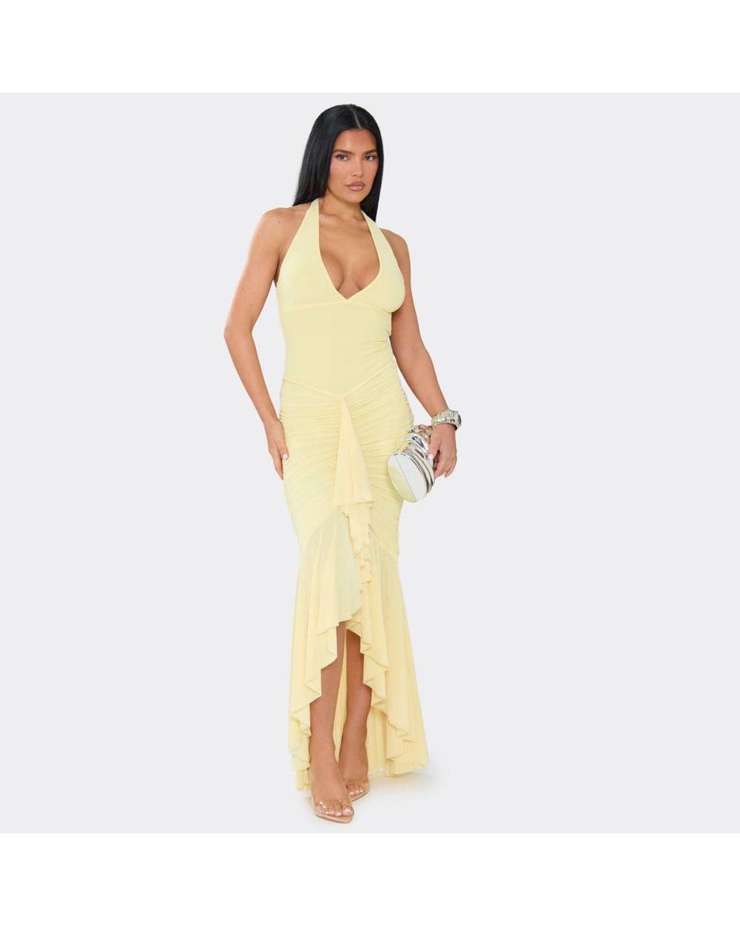 EGO Metallic Sleeveless Ruched Mesh Maxi Dress