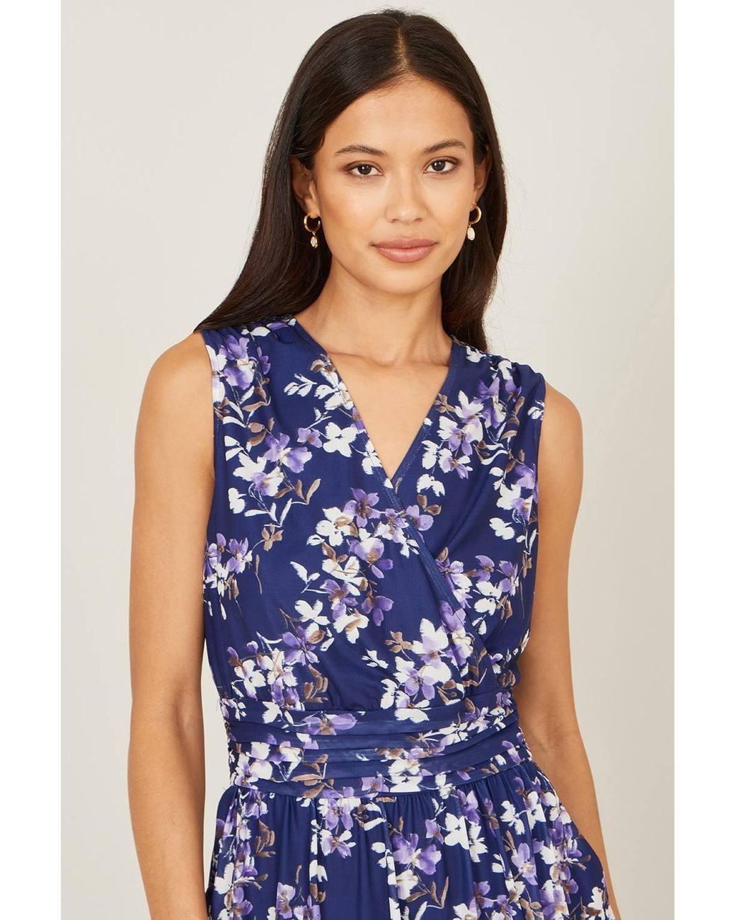 Yumi' Blue Blossom Print Mesh Stretch Midi Dress With Pockets