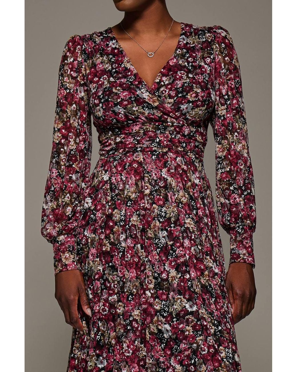 Jolie Moi Brown Long Sleeve Printed Lace Maxi Dress