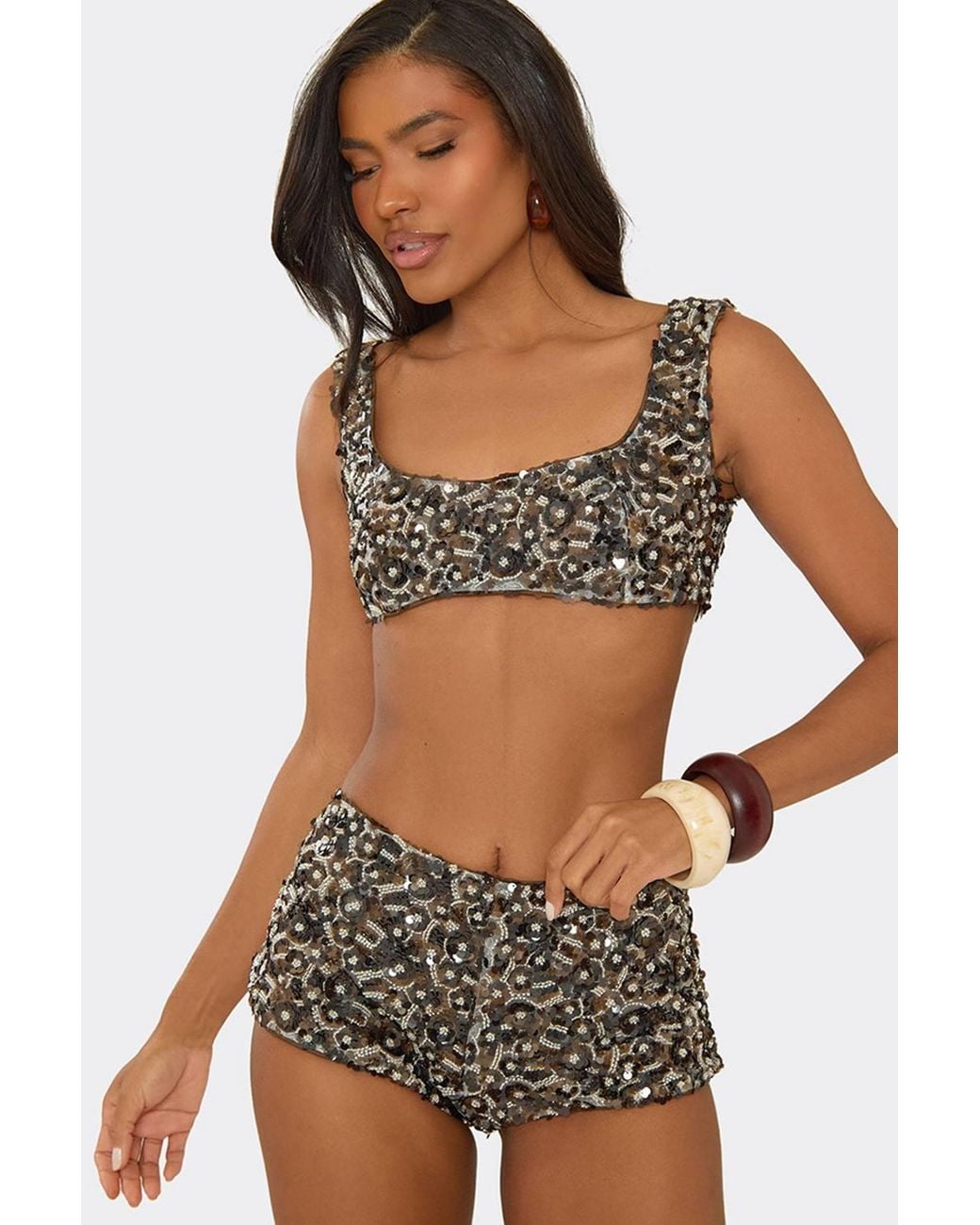 EGO Black Sleeveless Square Neck Sequin Floral Bralet