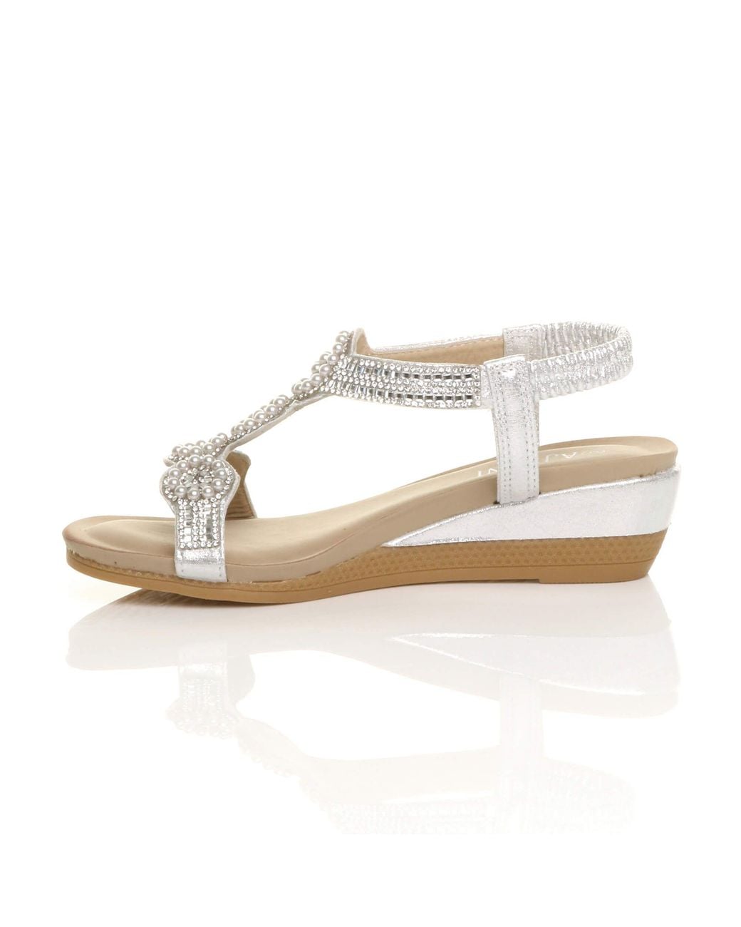 AJVANI White Mid Wedge Heel Diamante Slingback Sandals Wedges
