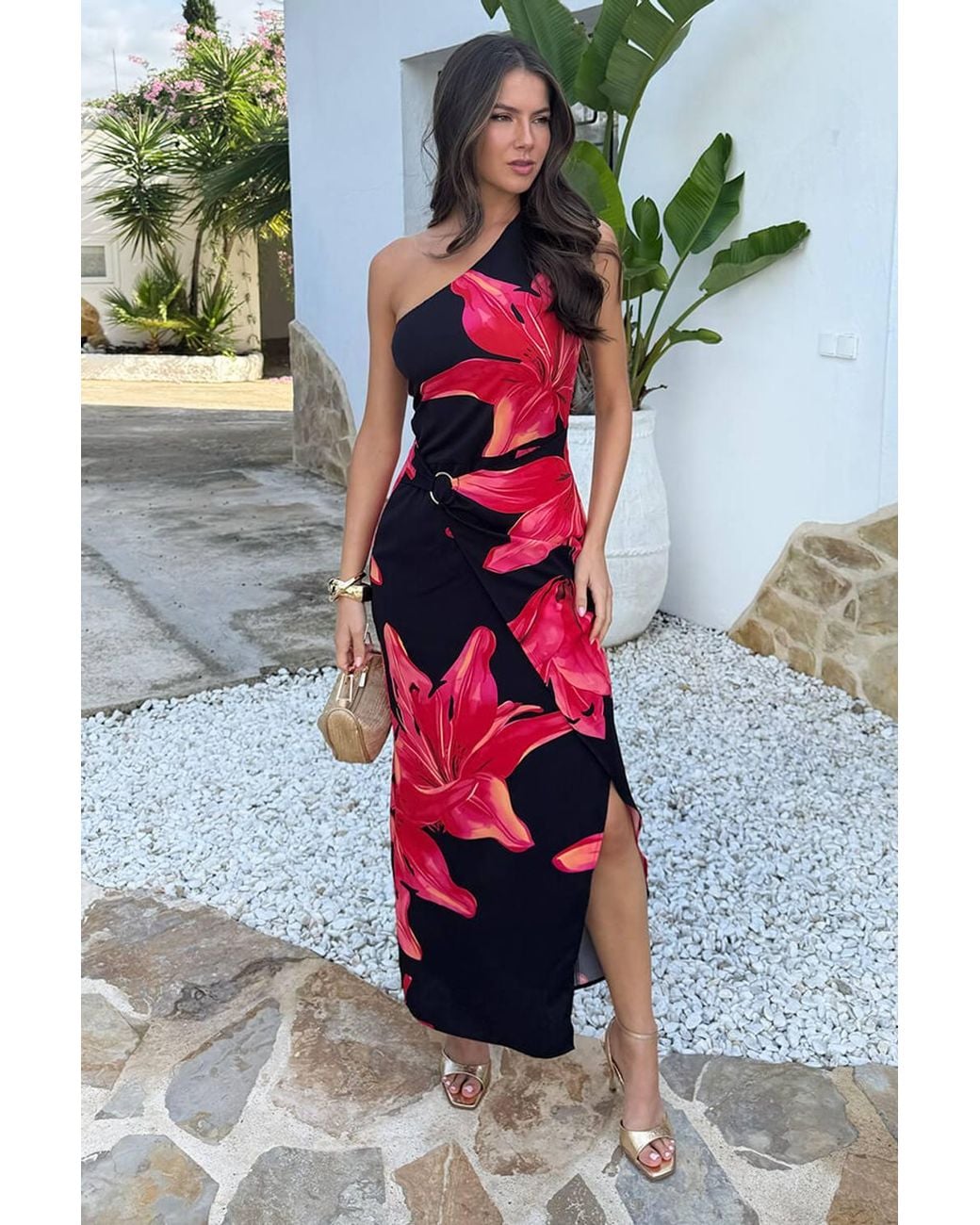 AX Paris Black Coral Floral Print One Shoulder O-Ring Midi Dress