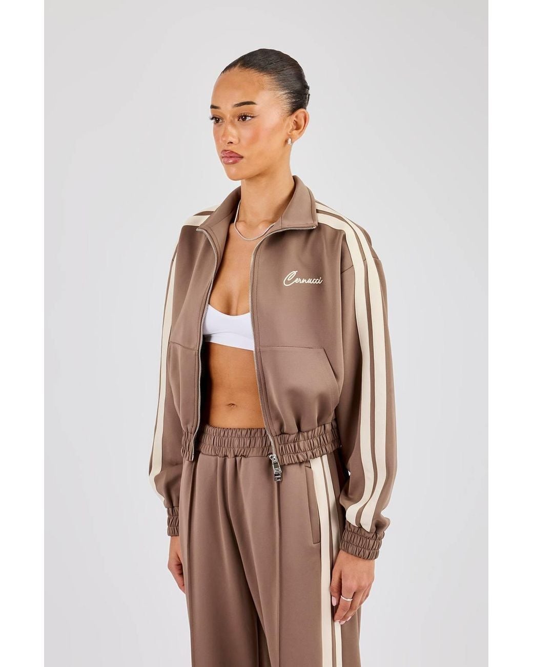 CERNUCCI Brown Taping Cropped Funnel Neck Jacket
