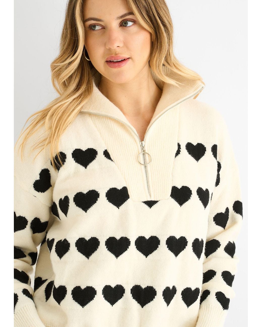 Gini London Blue Heart Zip Up Loose Fit Knit Jumper
