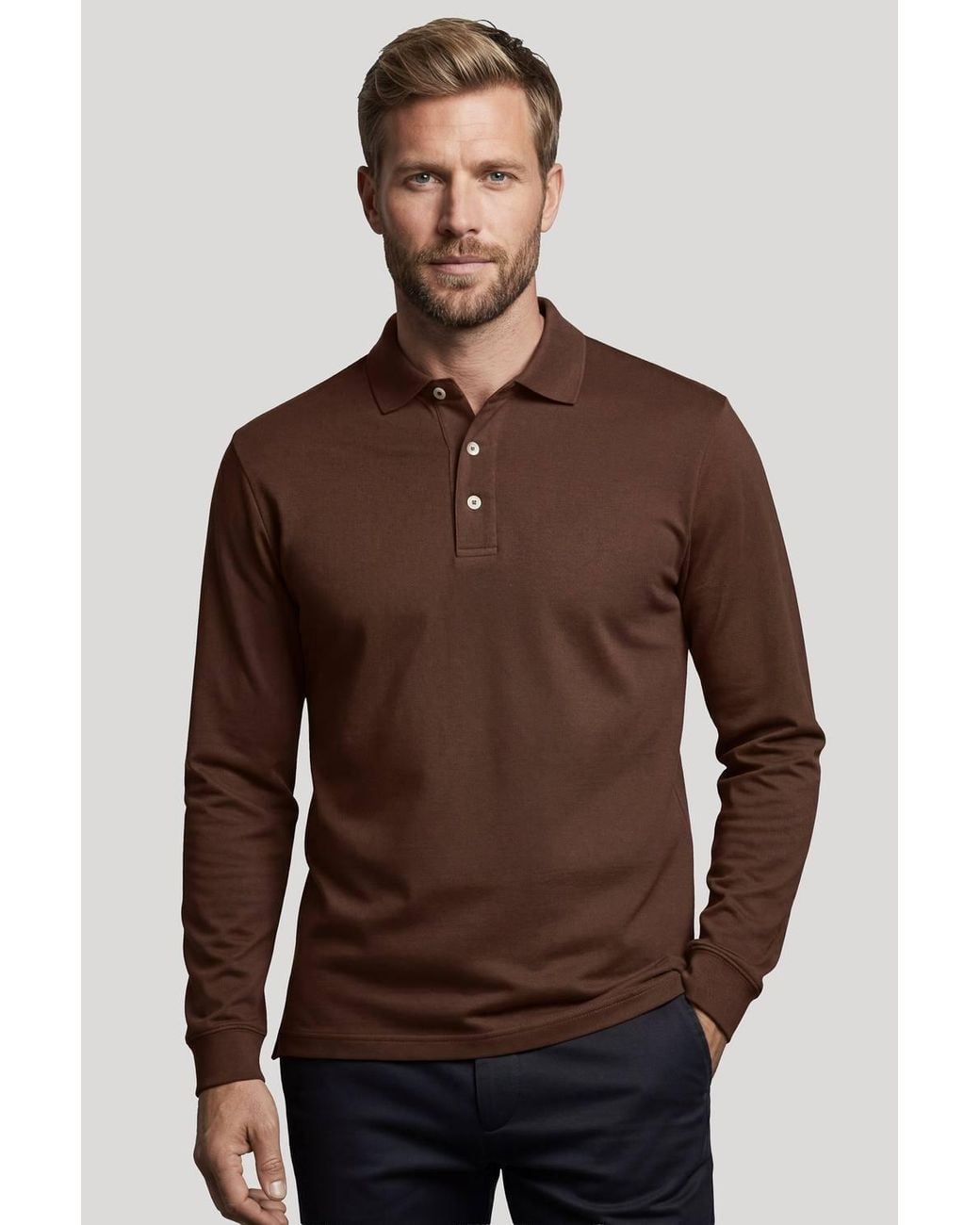 Lands' End Brown Long Sleeve Supima Polo Shirt, Traditional Fit for men