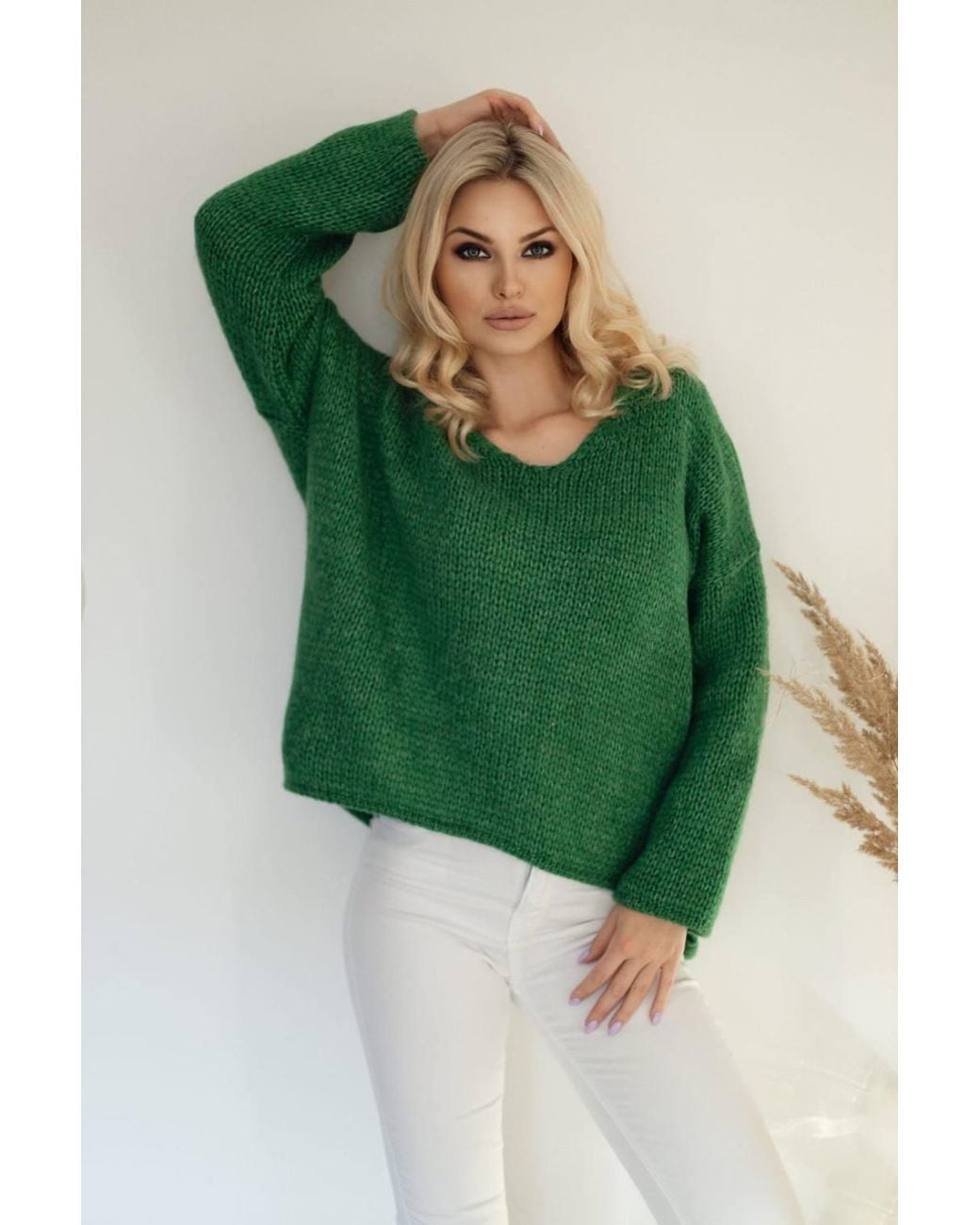 Love Lace Green Oversize Heart Neck Asymmetrical Sweater