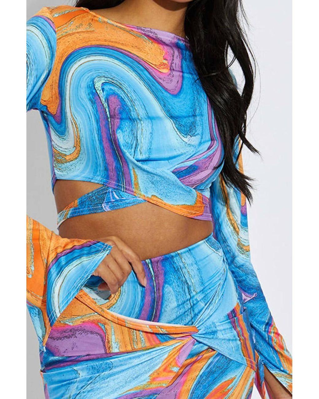 Stylewise Blue Printed Wrap Tie Crop Top