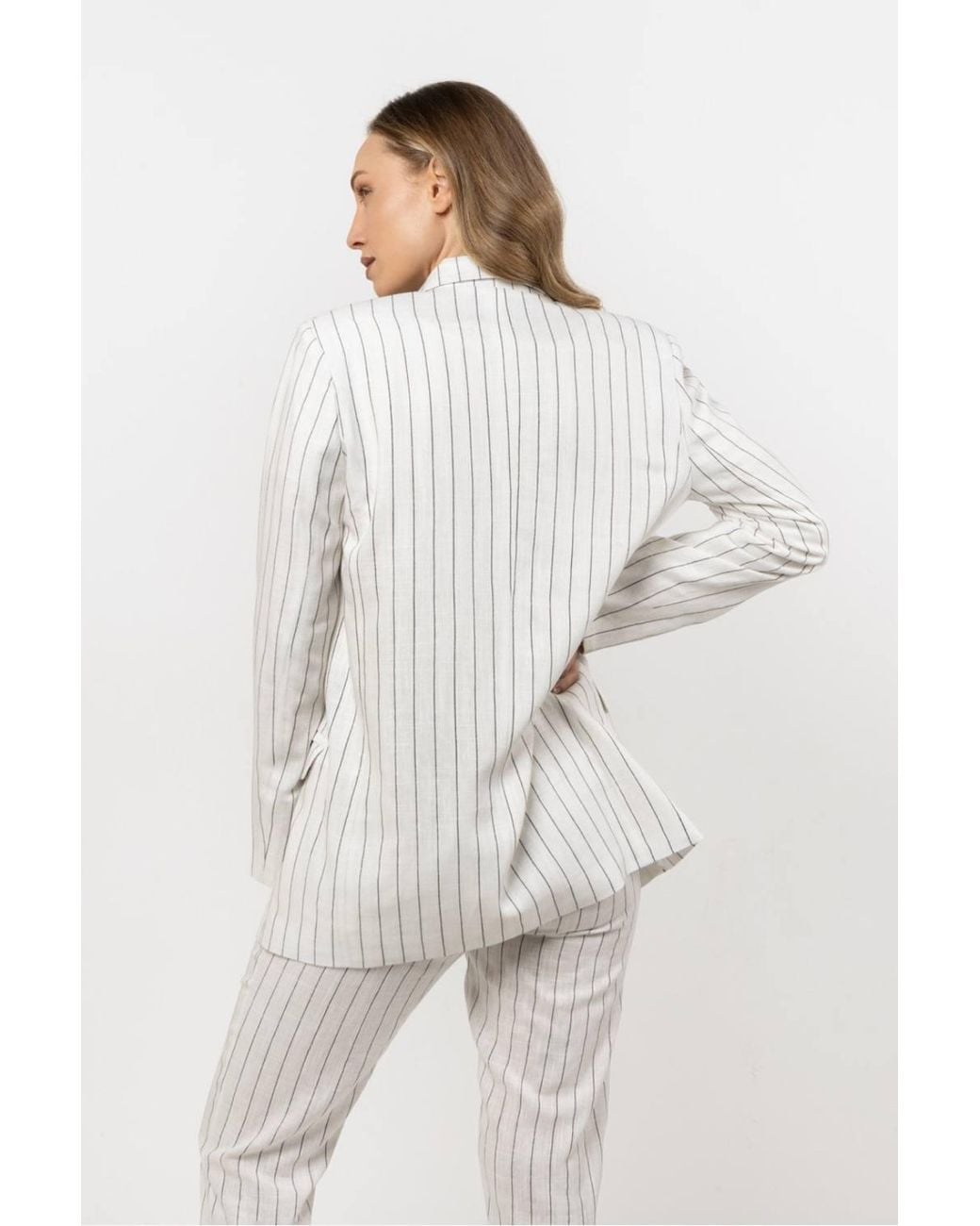 Love Lace White Cotton Striped Relaxed Collared Blazer
