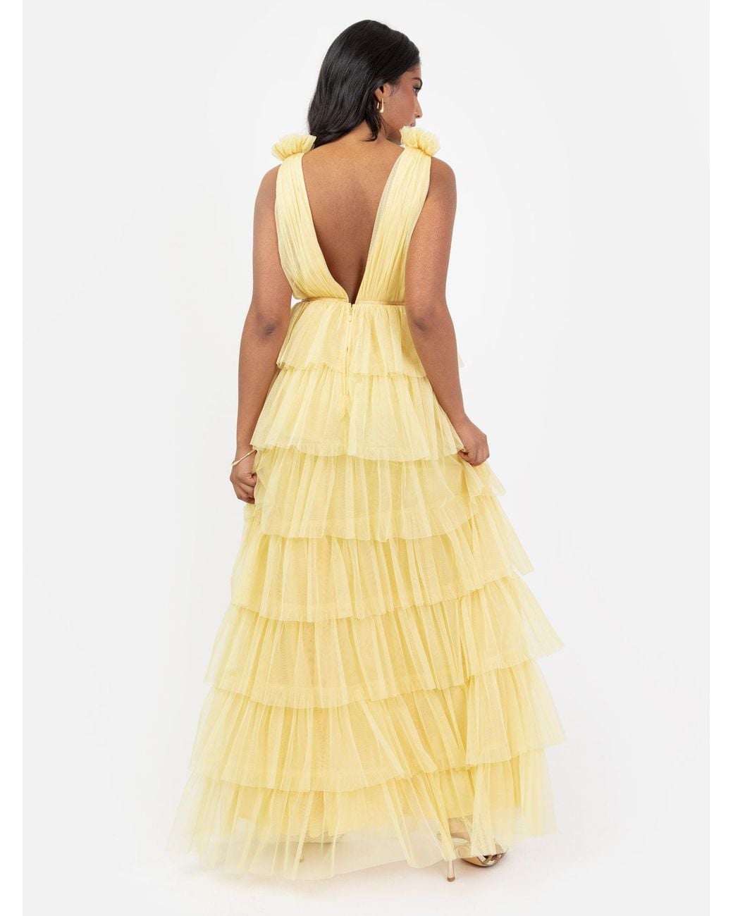 Anaya with love Yellow Plunge Front Tiered Maxi Dress