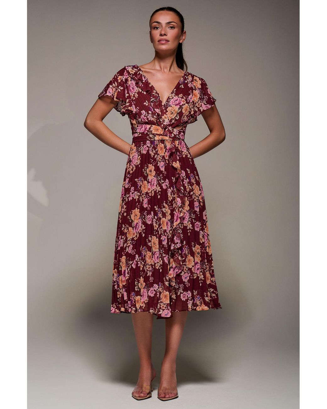 Jolie Moi Red Printed Ruffle Detail Pleated Chiffon Midi Dress
