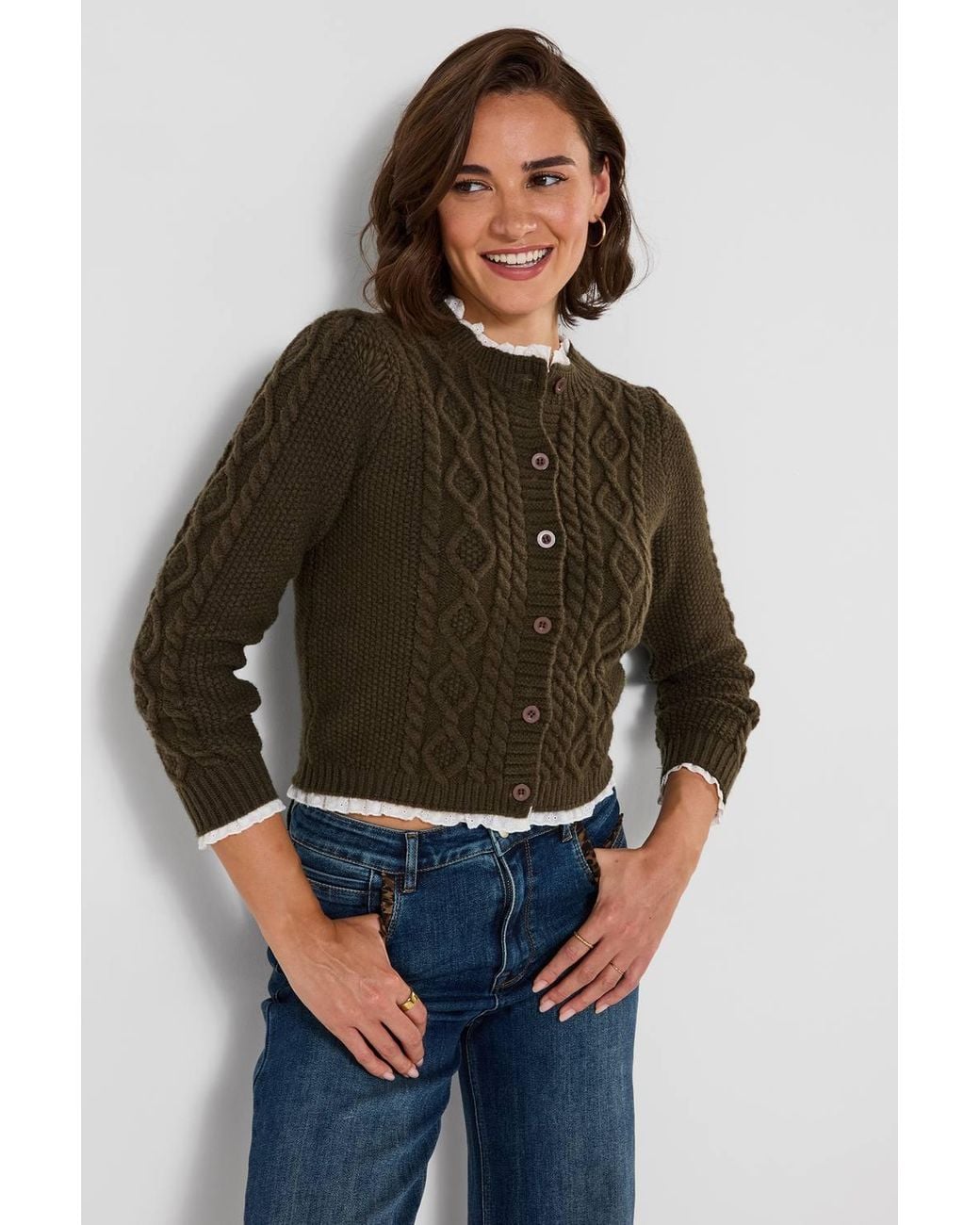 Joe Browns Brown Claudia Woven Trim Cable Knit Cardigan