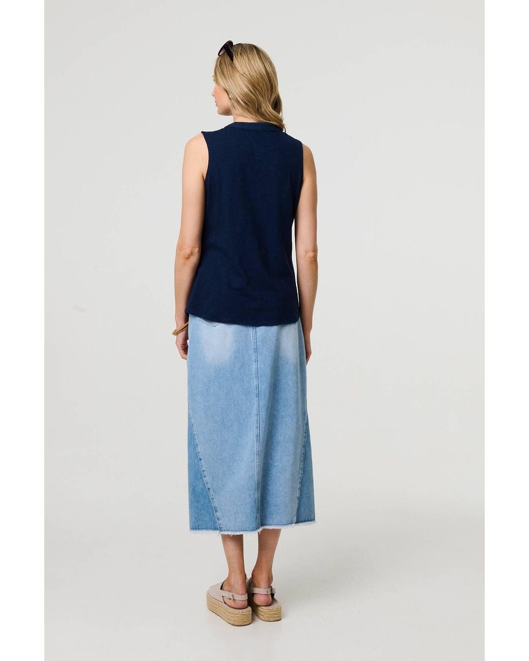 Izabel London Blue Lace Trim Sleeveless V-Neck Blouse
