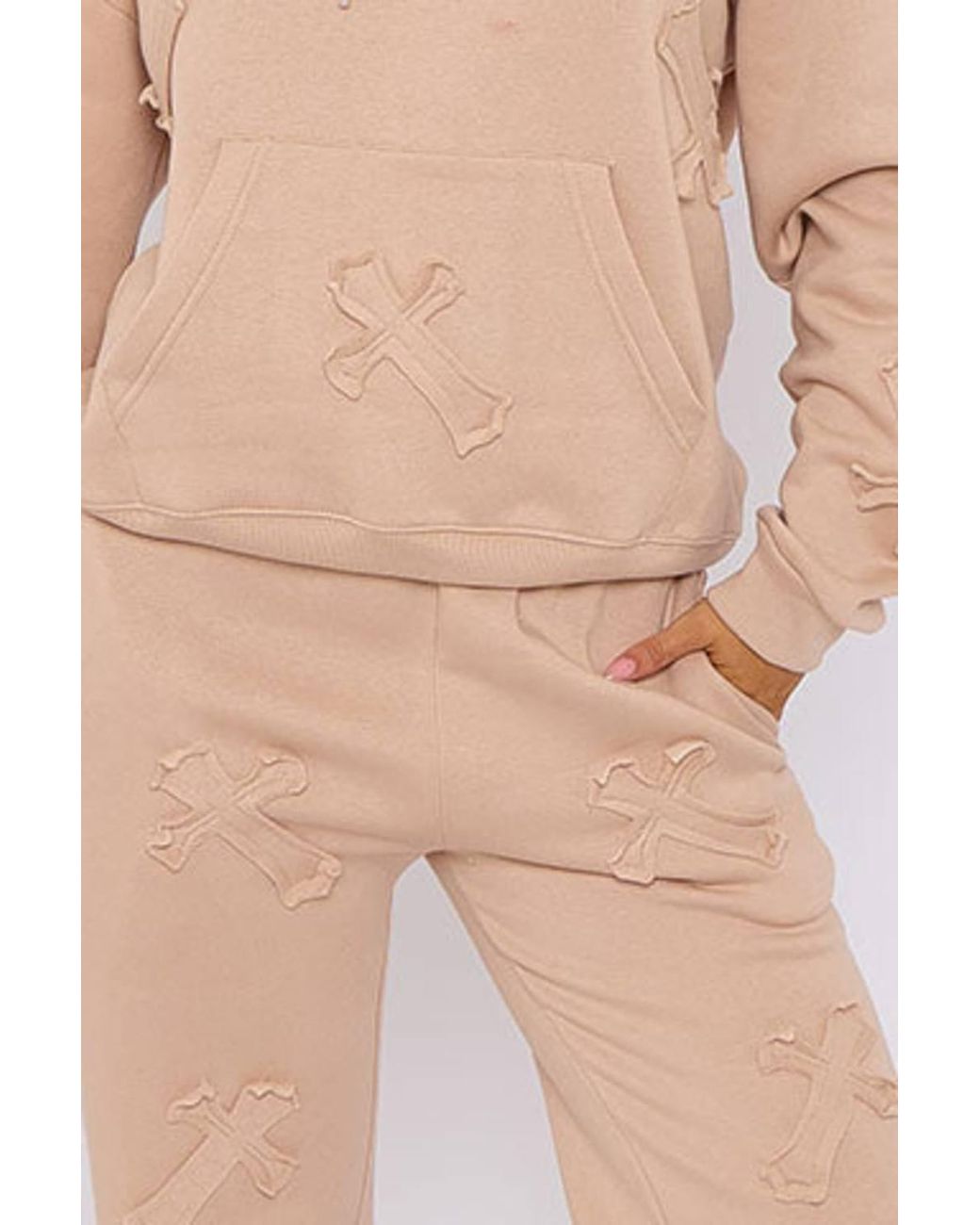 Stylewise Natural Oversized Crucifix Embroidered Hooded Fleece Co-Ord