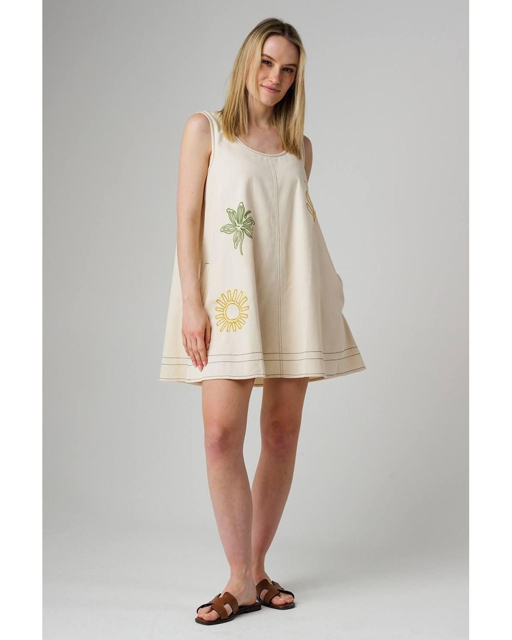 Native Youth Natural Cotton Cross-Stitch Embroidered Scoop Neck Mini Dress