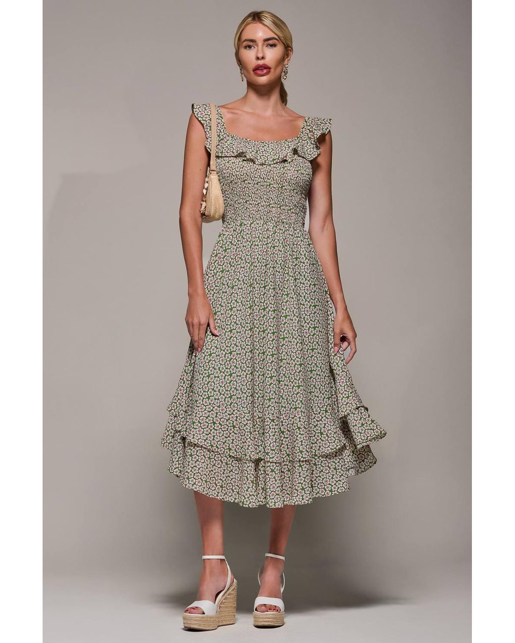 Jolie Moi Natural Shirred Ruffle Sleeve Tiered Midi Dress