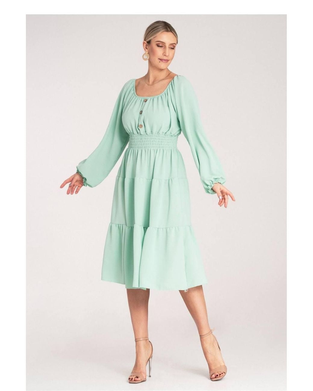 Love Lace Green Midi Ruched Dress Spanish Neckline Wooden Buttons