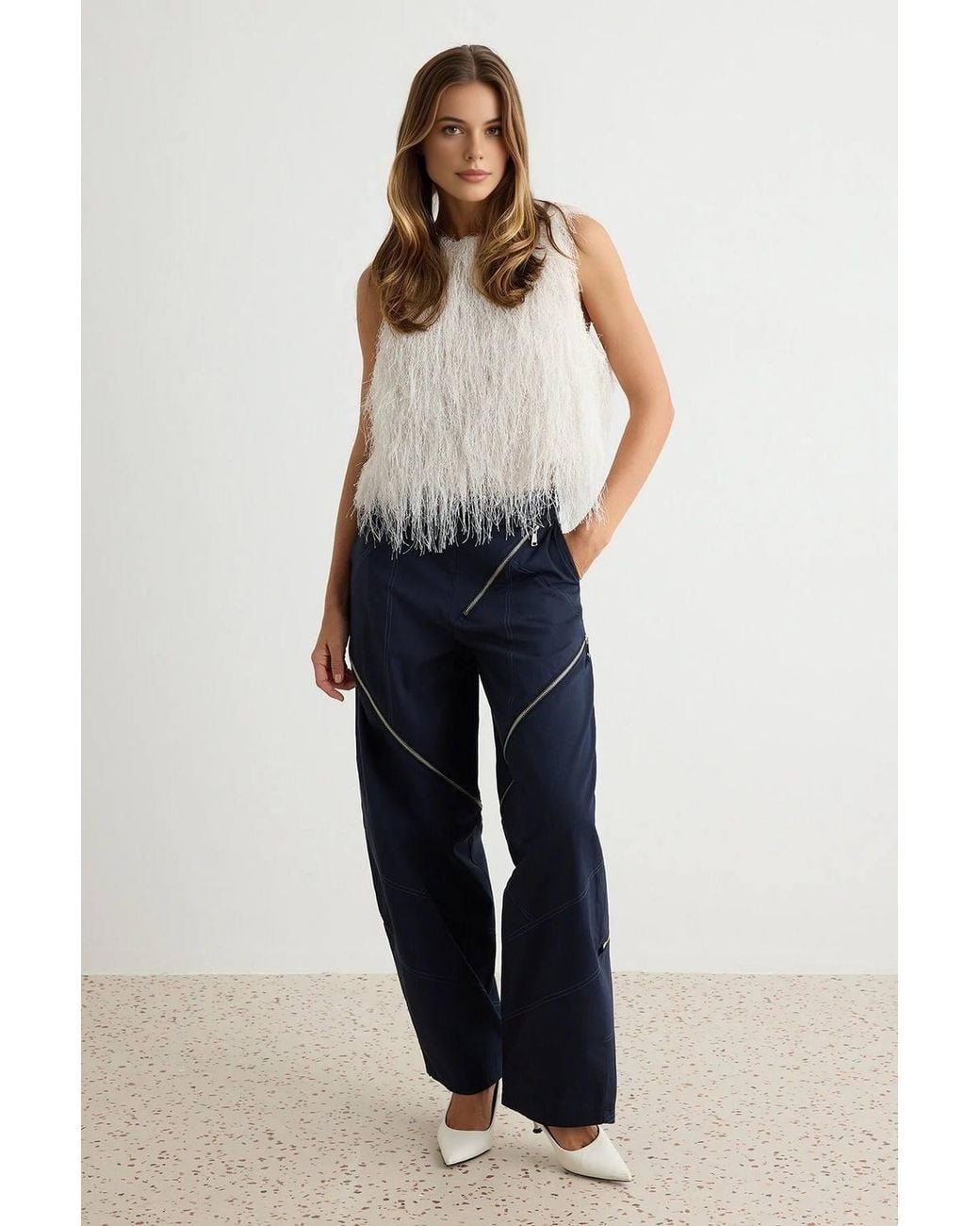 WOVCOR White Sleeveless Shimmer Fringe Detail Oversized Blouse