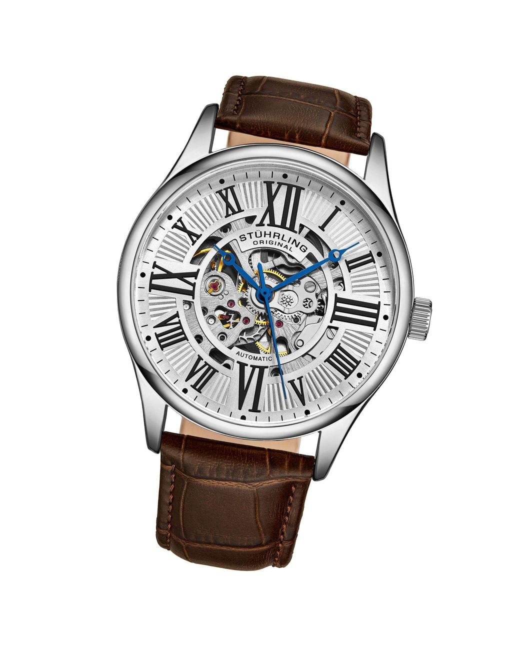 Stuhrling Metallic Atrium 3942 Automatic Wrist Watch Skeletonized Dial 42Mm Case Leather Band for men