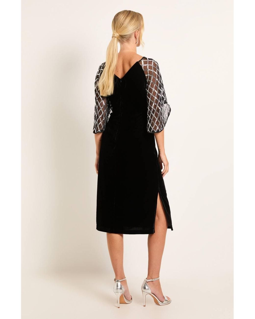 Wallis Black Petite Sequin Sleeve Square Neck Velvet Midi Dress