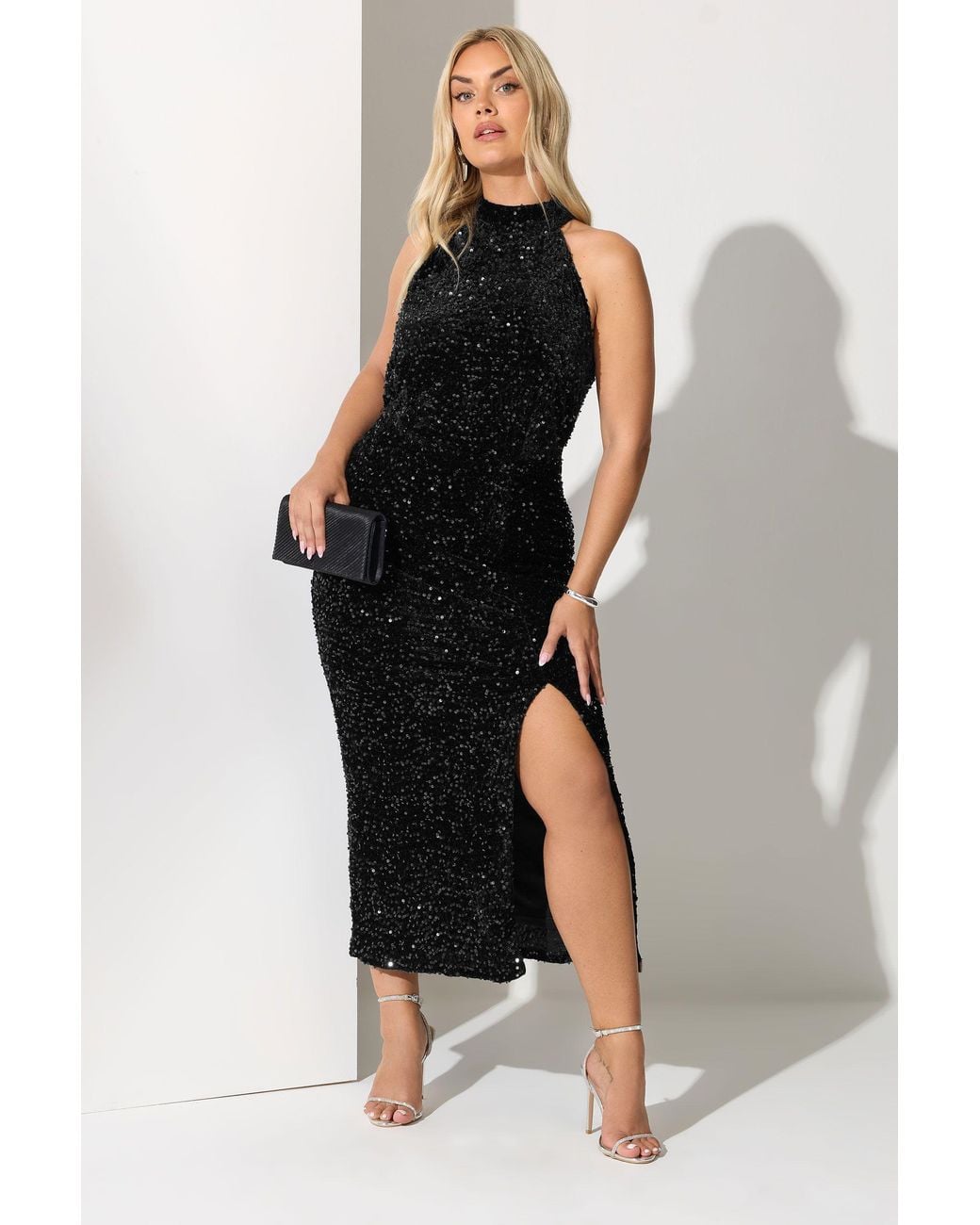 Yours Black Velvet Sequin Halterneck Maxi Dress