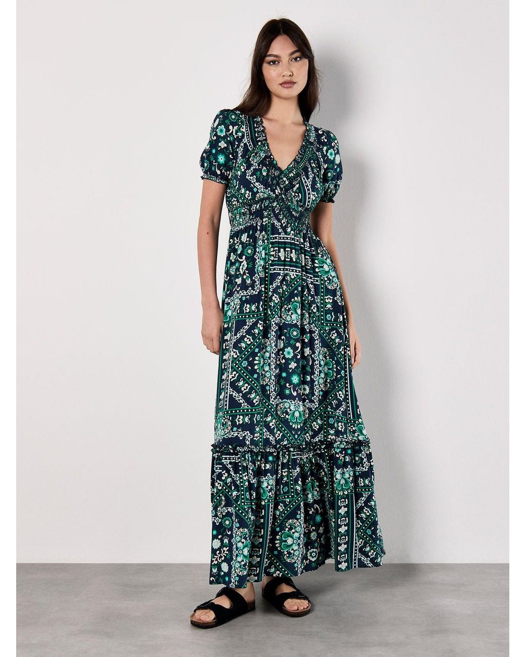 Apricot Green Scarf Print Smocked Maxi Dress