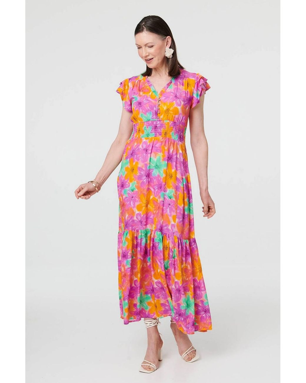 Izabel London Red Floral V-Neck Cap Sleeve Maxi Dress