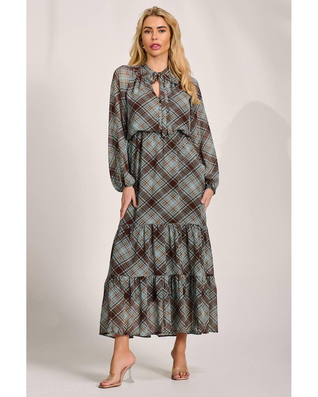Jolie Moi Brown Chiffon Long Sleeve Tiered Maxi Dress