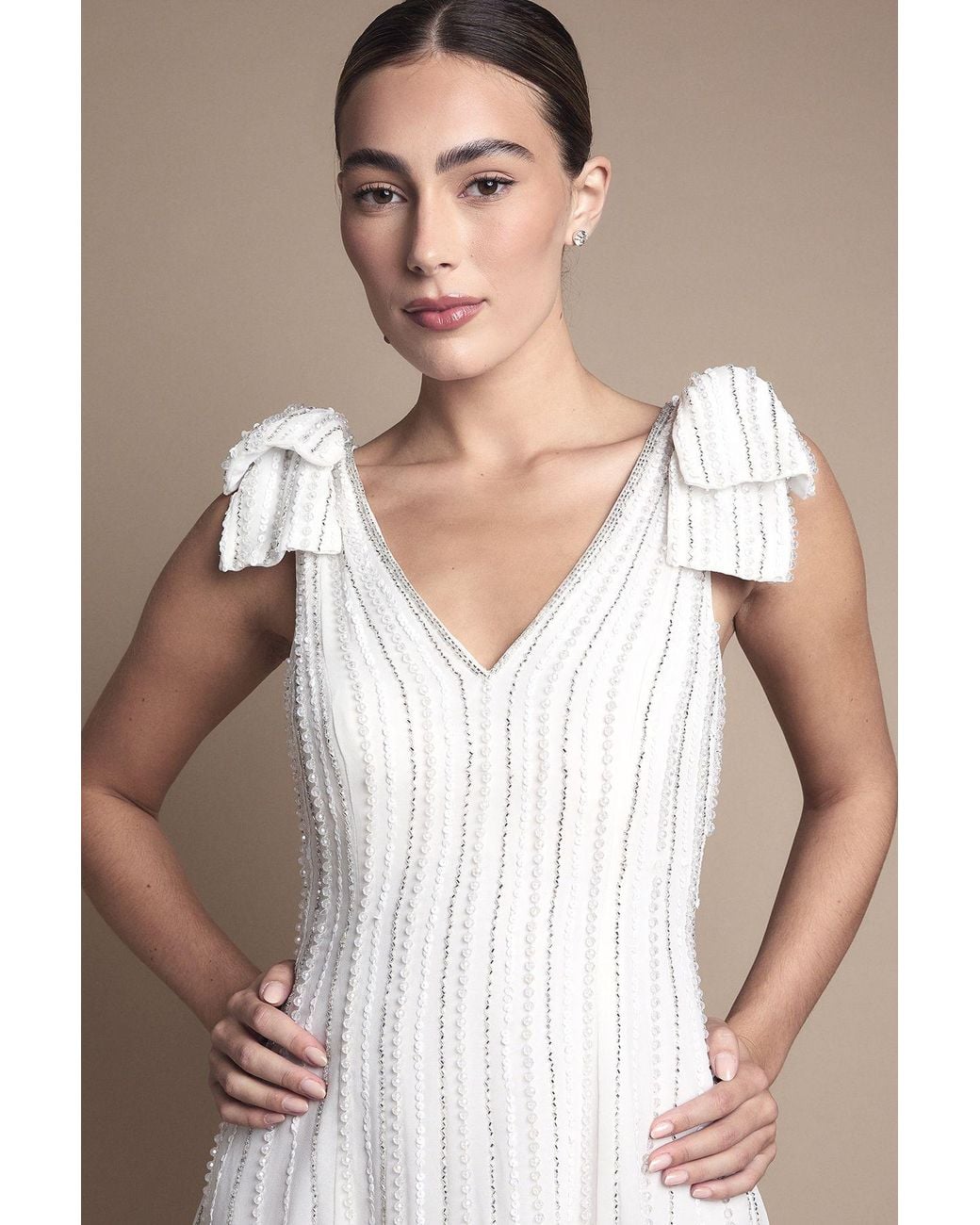 Coast Brown Bow Shoulder Embellished Midi Wedding Dress