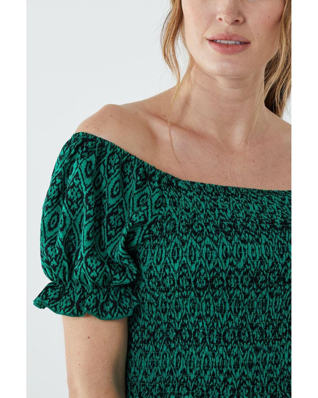 Blue Vanilla Green Puff Sleeve Shirred Dress