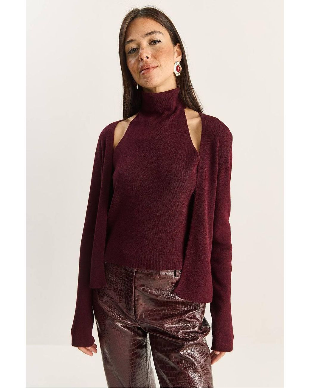 Bianco Lucci Red Half Turtleneck Cut Out Ribbed Blouse