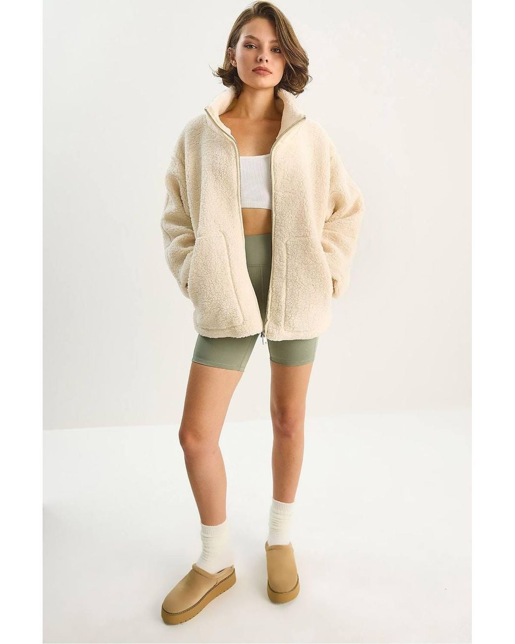 Bianco Lucci Natural Oversized Plush Jacket With Pockets