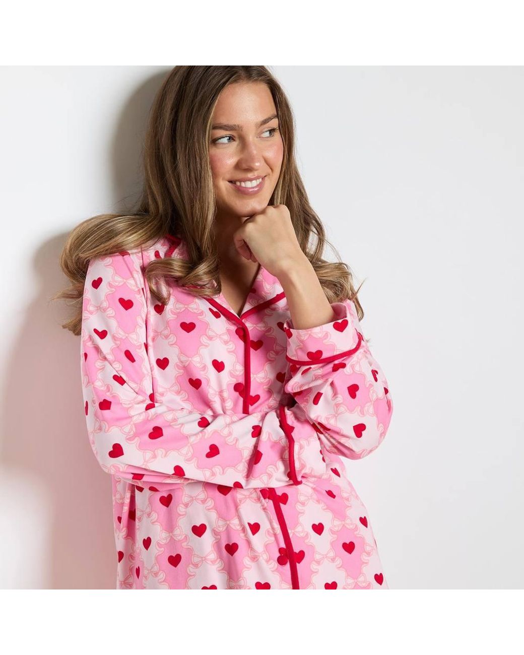 OHS Pink Cherry Bow Print Jersey Button Through Pyjama Set Nightwear