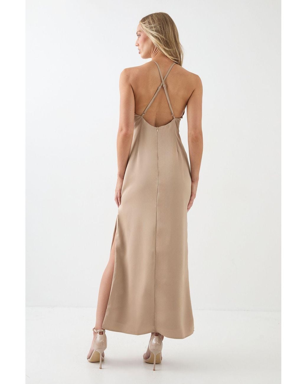 MissPap Natural Tie Detail Strappy Satin Maxi Dress