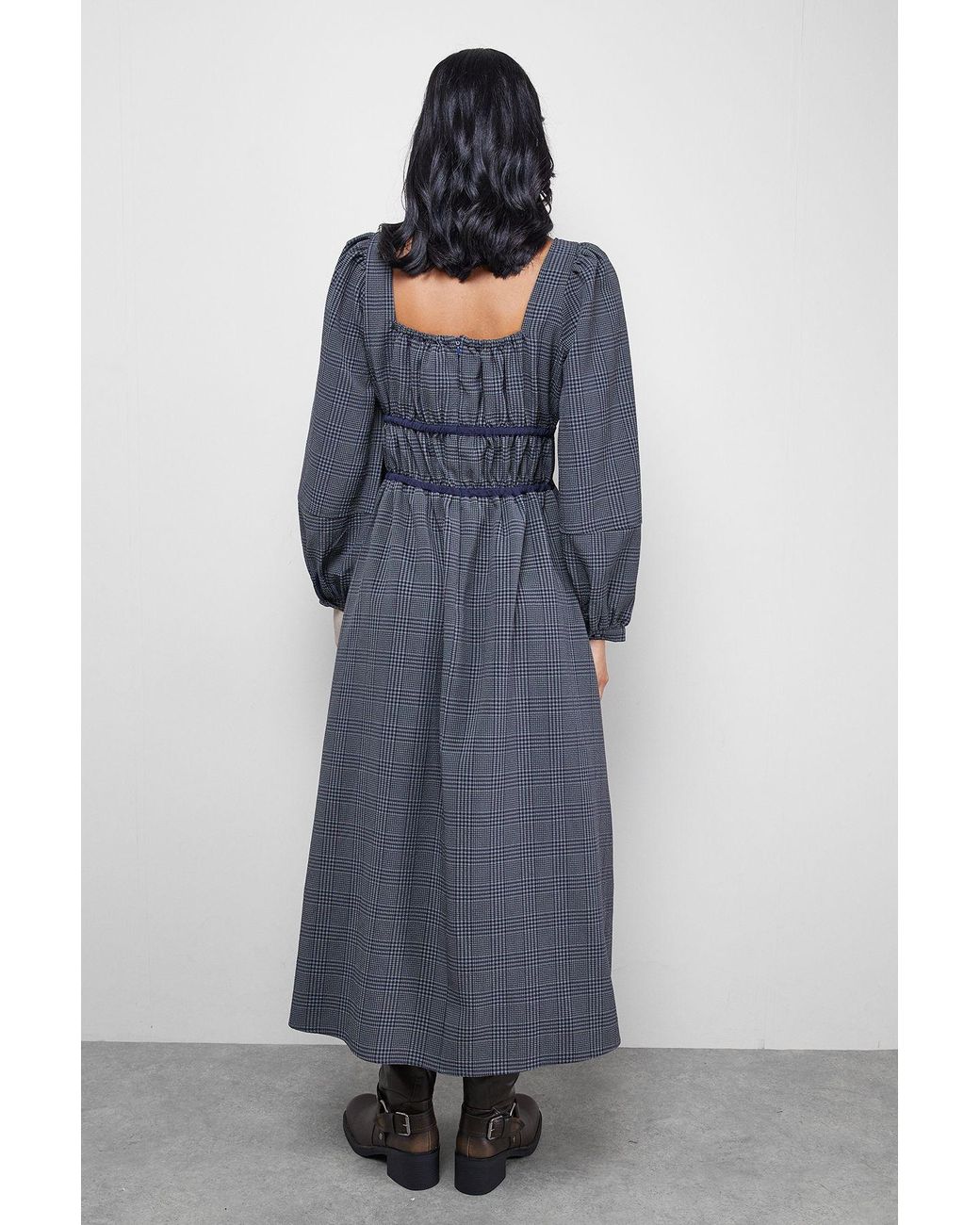 Warehouse Blue Check Tie Front Square Midi Dress