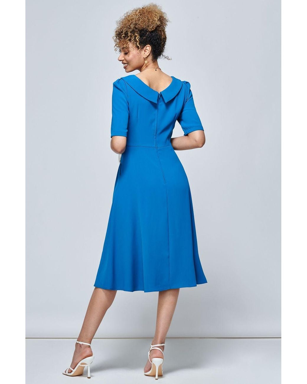 Jolie Moi Blue Darlene Fold Over Neck Dress