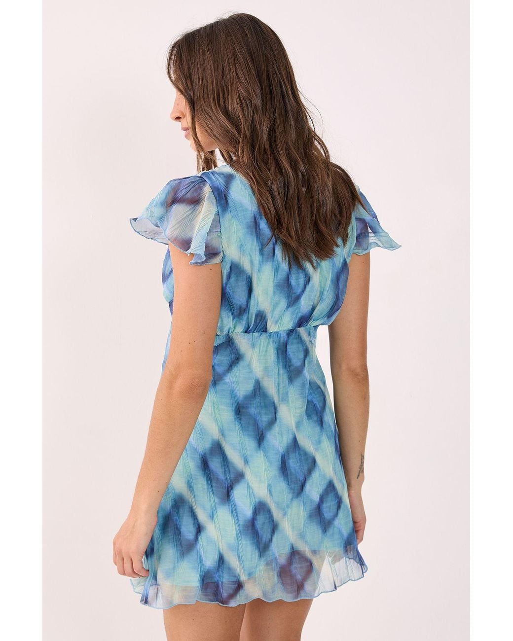 Nasty Gal Blue Crinkle Chiffon Check Tie Front Fluted Sleeve Mini Dress