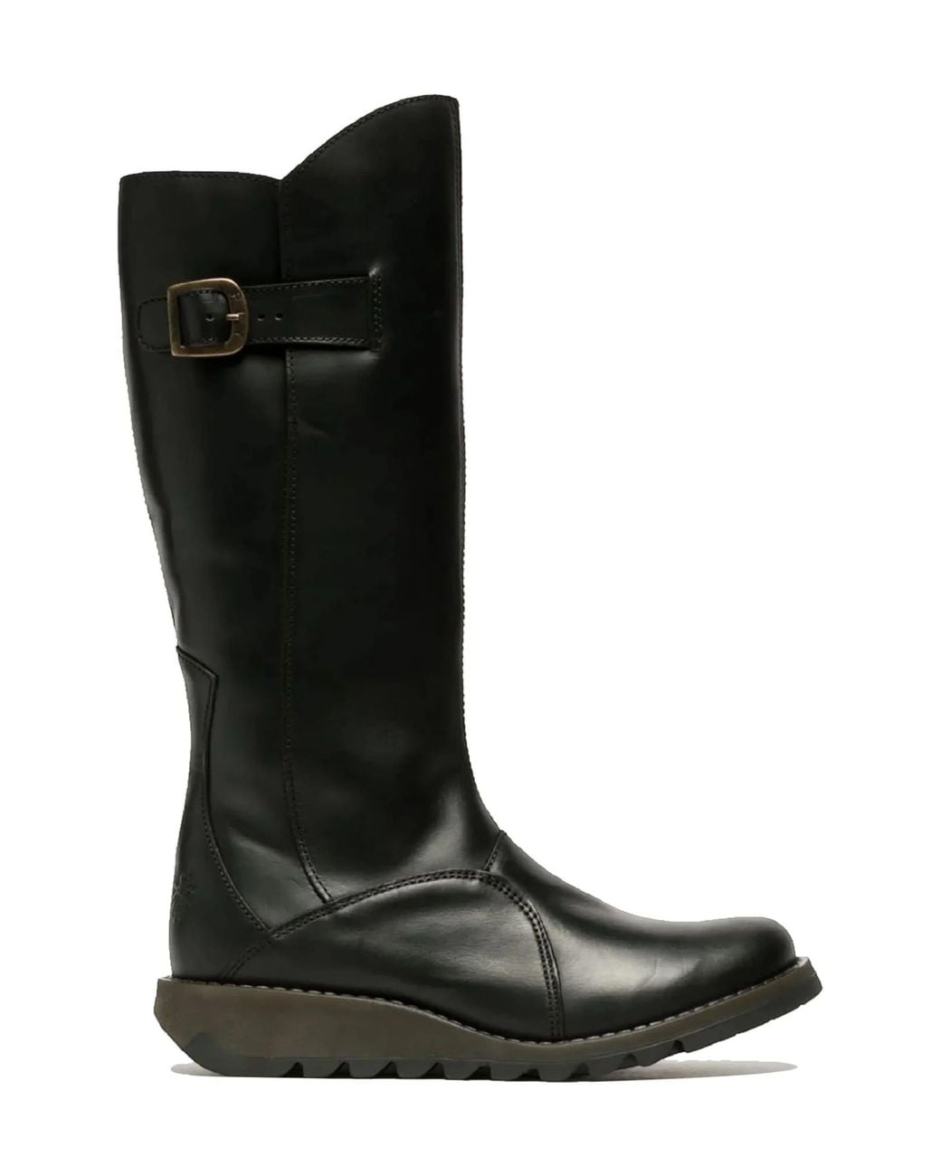 Infinity Leather Black Fly London Mol 2 Leather Wedge Heel Knee High Zip-Up Boots