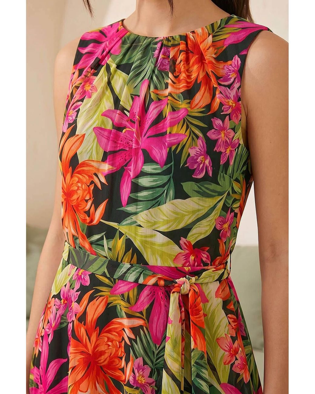 Roman Black Leaf Print Chiffon Pleat Neck Midi Dress