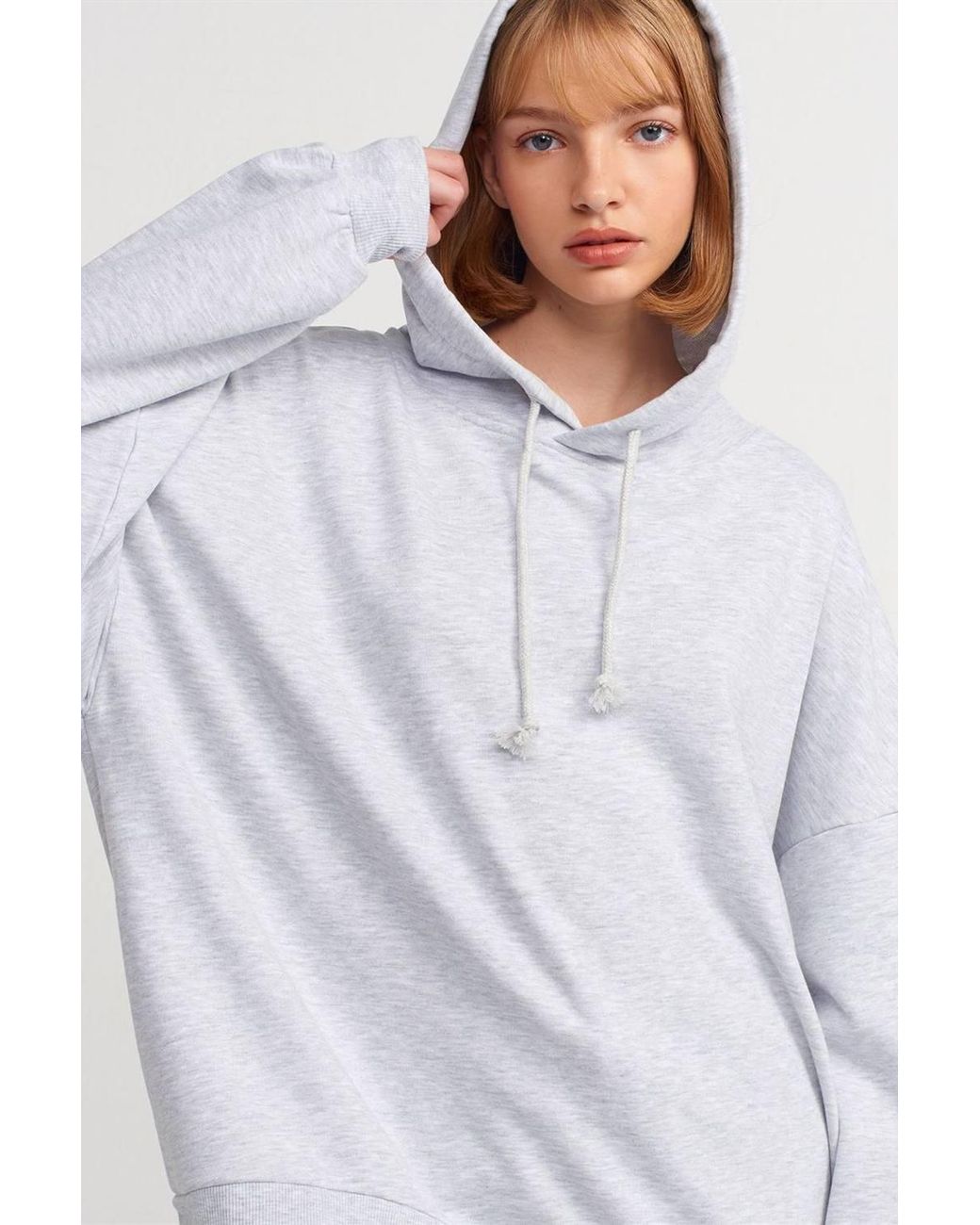 Dilvin White Oversized Cotton Hooded Sweatshirt