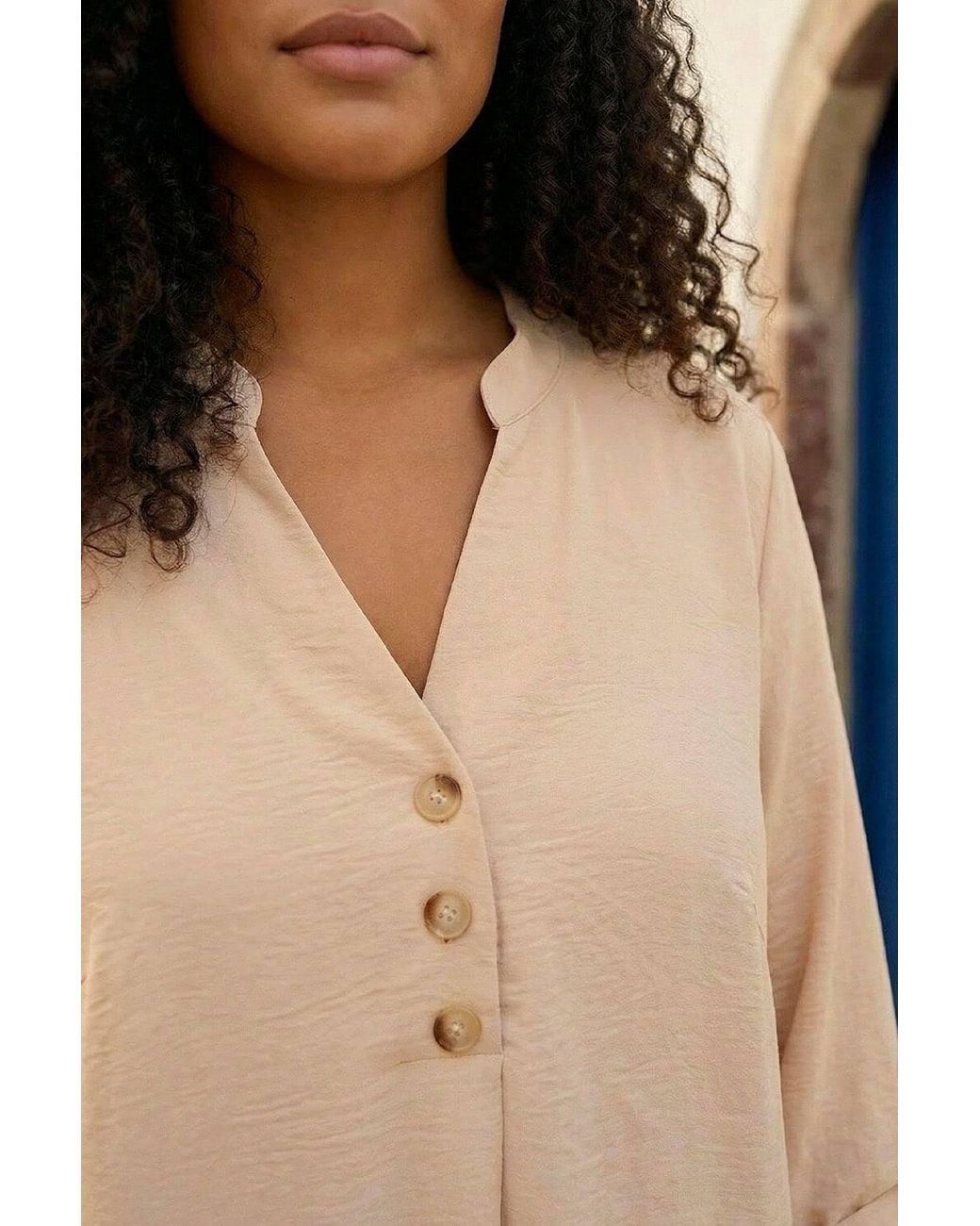 Roman Blue Curve Textured Buttoned Tunic Top