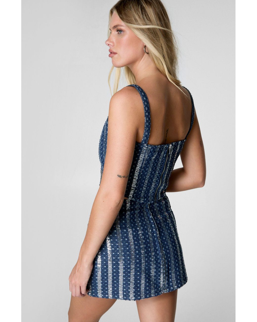 Nasty Gal Blue Sequin Denim Corset Top