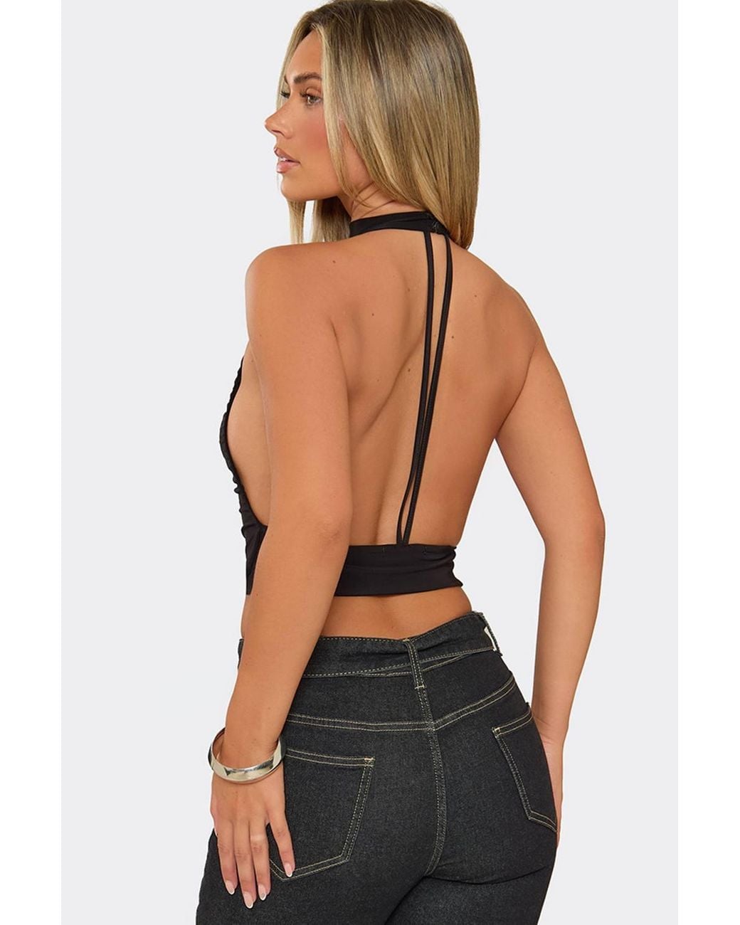 EGO Black Strappy High Neck Open Back Slinky Top