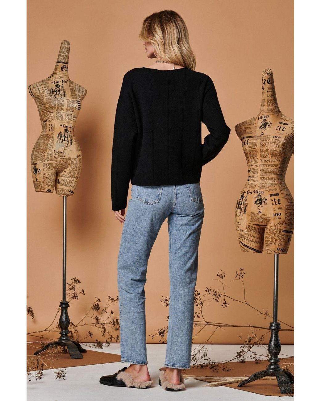 Jolie Moi Blue Round Neck Vertical Line Knit Top