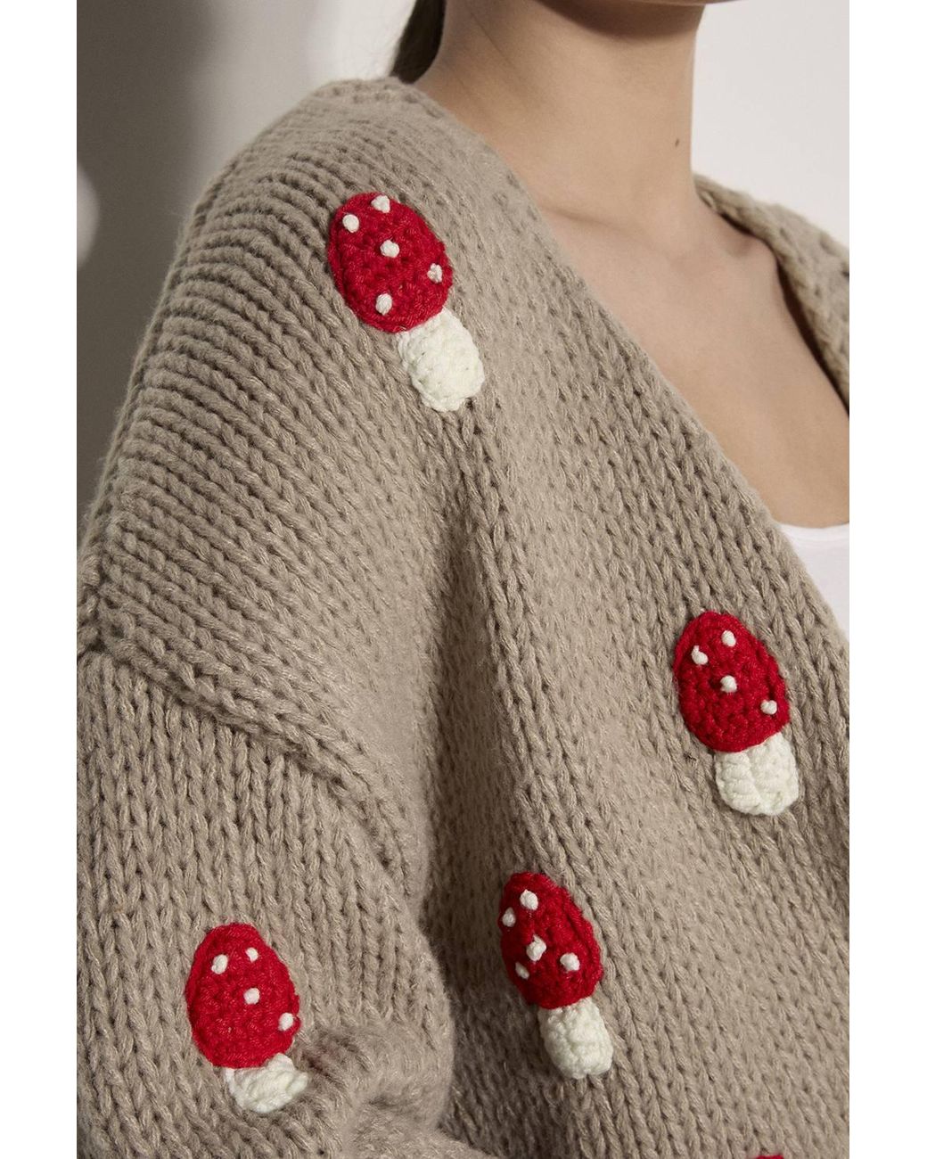 Apricot Natural Mushroom Appliqué Chunky Knit Cardigan