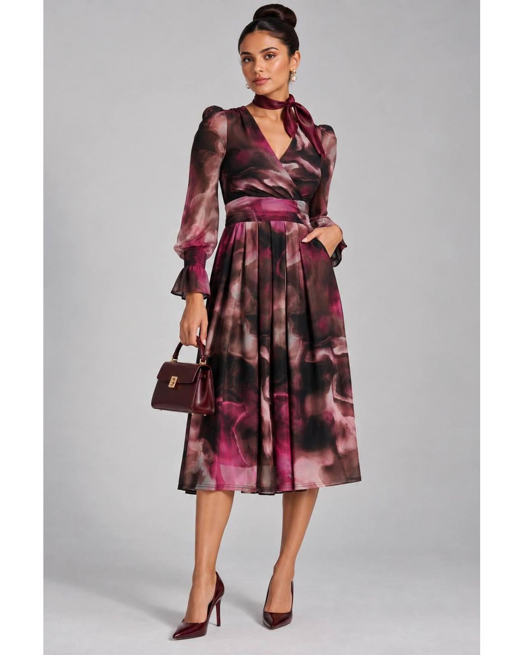 Jolie Moi Red Long Sleeve Printed Mesh Midi Dress